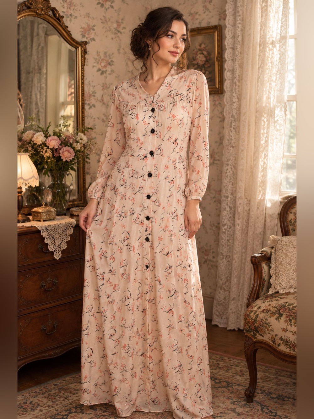 Vintage home made Floral Button-Down Dress ONE Size